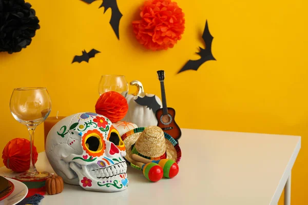 Configuração Mesa Halloween Estilo Mexicano Com Guitarra Chapéu — Fotografia de Stock