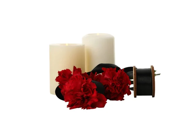 Png Mourning Candles Flowers Isolated White Background — Stock Photo, Image