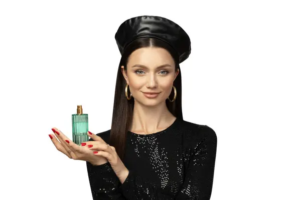 Png Chica Atractiva Sombrero Con Perfume Mano Aislada Sobre Fondo — Foto de Stock