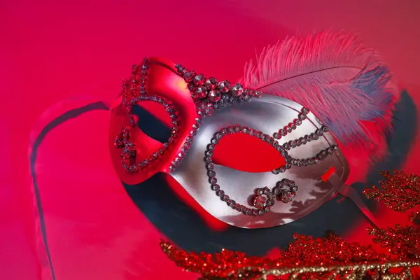 Karneval Maska Peřím Růžovém Pozadí Zblízka — Stock fotografie