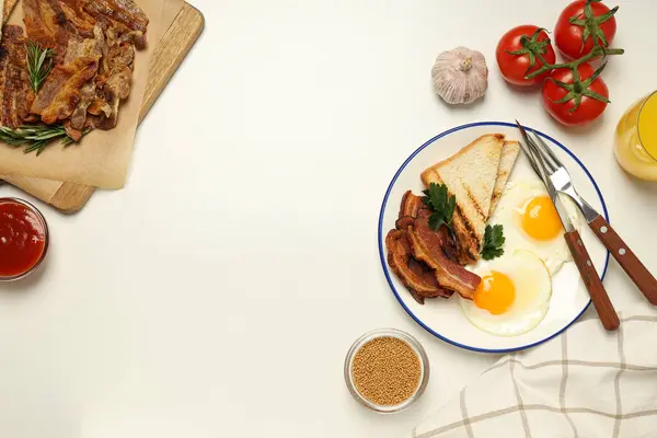 Pequeno Almoço Saboroso Delicioso Conceito Comida Carne Bacon Frito — Fotografia de Stock