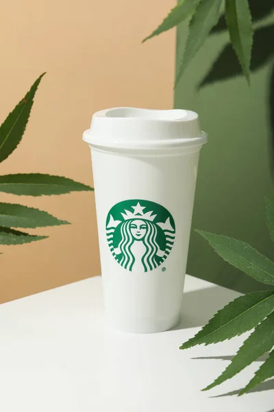 Ukraine Kyiv 2023 Starbucks Coffee Cup Logo Leaves — Stock Photo, Image