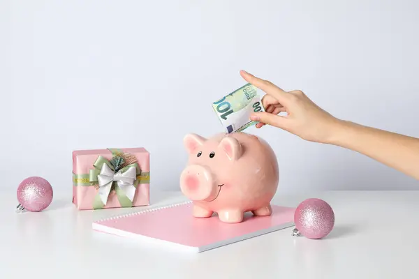 Piggy Bank Female Hand Cash Gift Box White Background — Stock Photo, Image