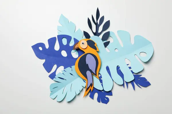 Paper Blue Tropical Leaves Light Background Parrot — Stock Photo, Image