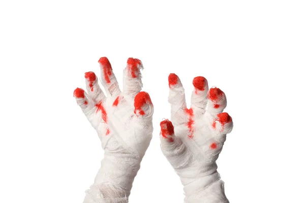 Png Hände Weißem Verband Mit Blut Isoliert Auf Weißem Hintergrund — Stockfoto