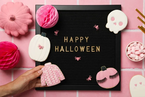 Svart Semesterkort Med Cookies För Halloween — Stockfoto