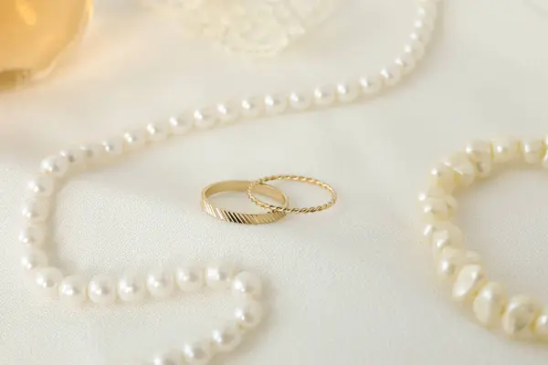 Wedding Rings Pearl Jewelry White Background Close Stock Picture