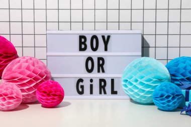 Açık arkaplanda yazı ve kağıt pembe ve mavi balonlar