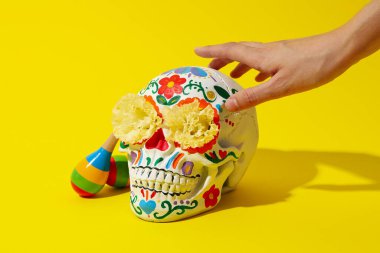 Meksika kafatası, çiçekler, marakalar ve sarı arka planda kadın eli