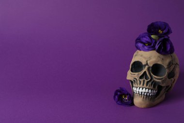 Mor arkaplanda kafatası ve çiçekler, metin için boşluk
