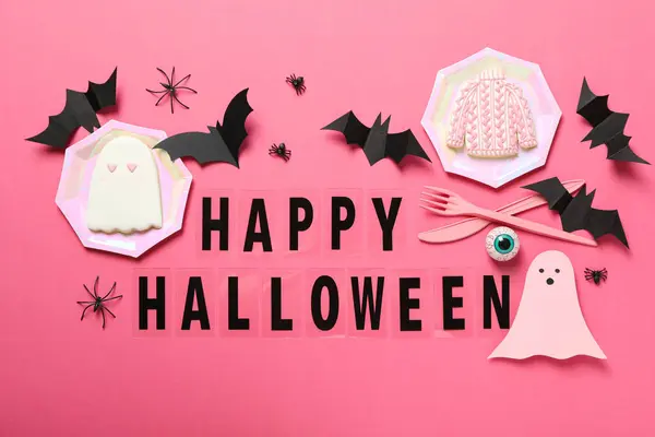 Inskriptionen Happy Halloween Rosa Bakgrund — Stockfoto