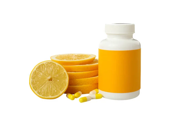Png Bottle Pills Citrus Fruits Isolated White Background — Stock Photo, Image
