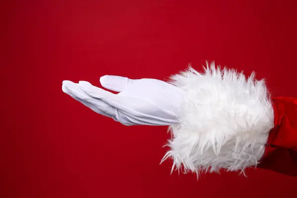 Santa Hand White Glove Red Background Space Text — Stock Photo, Image