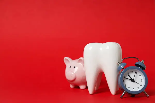 Piggy Bank Dente Decorativo Relógio Fundo Vermelho Espaço Para Texto — Fotografia de Stock