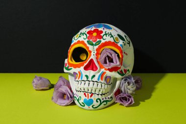 Siyah arka planda yeşil masada Meksika kafatası ve çiçekleri