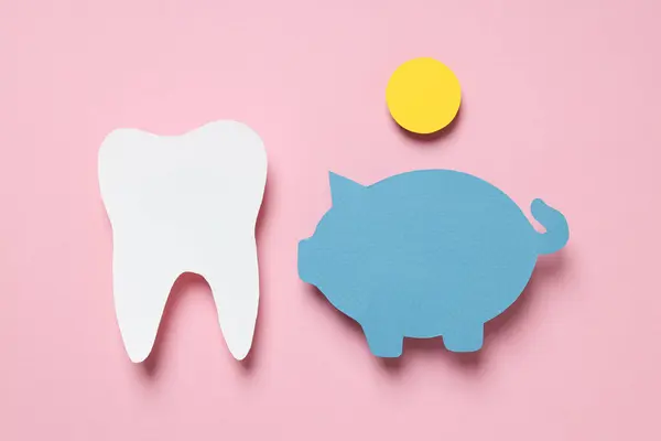 Paper Tooth Piggy Bank Coin Pink Background Top View — Stock Photo, Image