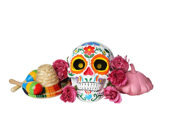 Png Skull Day Dead Mexico Pumpkins Flowers Isolated White Background — Stock Photo, Image