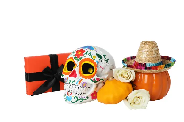 Png Lebka Den Mrtvých Mexiku Dýněmi Květinami Izolované Bílém Pozadí — Stock fotografie