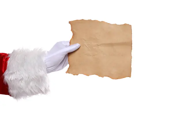 Png圣诞老人的手与纸隔离在白色的背景下 — 图库照片