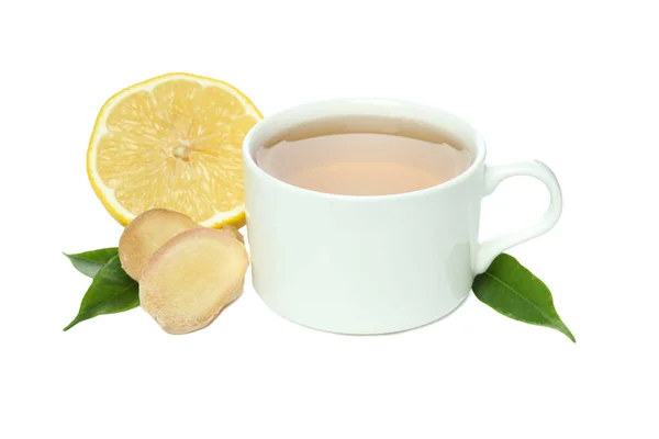 Png Filiżanka Herbaty Plasterki Imbiru Cytryny Izolowane Białym Tle — Zdjęcie stockowe