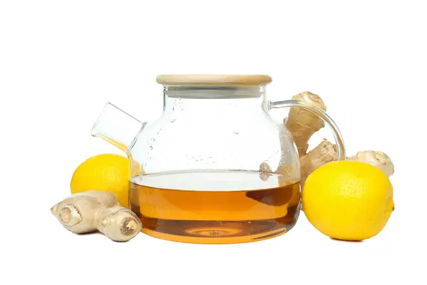 Png Teekanne Mit Tee Zitrone Und Ingwer Isoliert Auf Weißem — Stockfoto