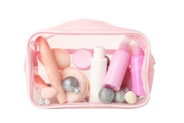 PNG, kozmetik çanta dekoratif kozmetik ürünler, şişeler ve toplar, beyaz arka planda izole edilmiş.