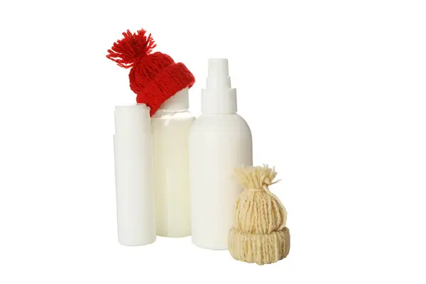 Png Cosmetische Flessen Gebreide Caps Geïsoleerd Witte Achtergrond — Stockfoto