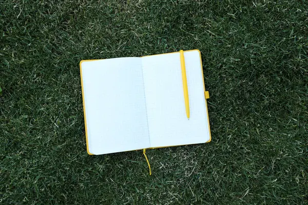 Cuaderno Abierto Con Bolígrafo Hierba — Foto de Stock