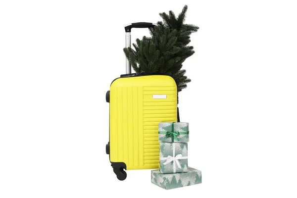Png Koffer Met Kerstboom Geschenkdozen Geïsoleerd Witte Achtergrond — Stockfoto