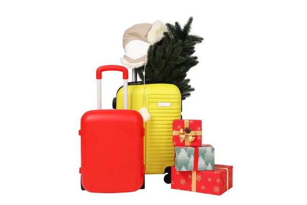 Png Bőröndök Karácsonyfával Kalap Ajándékdobozok Elszigetelt Fehér Alapon — Stock Fotó