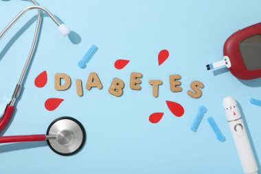 Medical equipment for diabetics and the word Diabetes on blue background, top view clipart