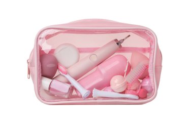 PNG, kozmetik çanta, diş fırçası ve kozmetik ürünleri, beyaz arka planda izole edilmiş.