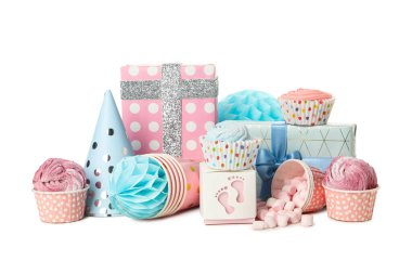 PNG, Gift boxes, cupcakes and marshmallows, isolated on white background clipart