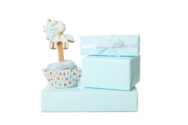 PNG, Gift boxes and cupcake, isolated on white background clipart