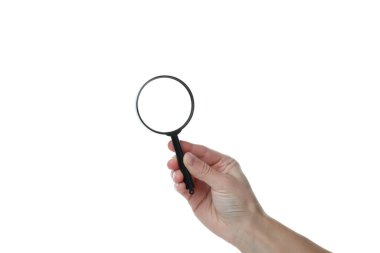 PNG, elinde büyüteç, beyaz arkaplanda izole edilmiş.