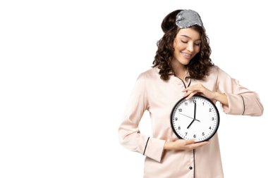 Beyaz arkaplanda saati olan PNG kızı.