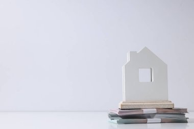 Nakit para ve beyaz arka planda ahşap ev, metin için boşluk