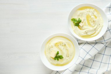 Patates püresi, lezzetli ve lezzetli yemek kavramı.