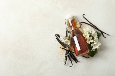 Beyaz arka planda bir şişede vanilya özü.