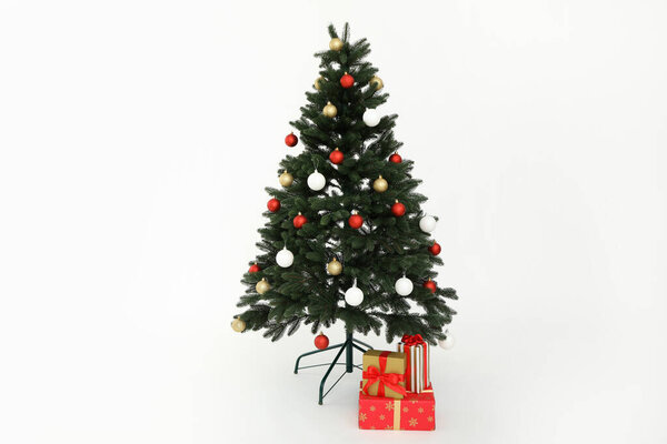Decorated Christmas tree with gifts on a white background