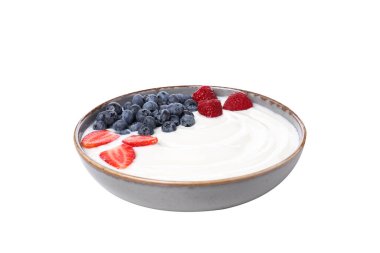 PNG, meyveli yoğurt, beyaz arka planda izole edilmiş.