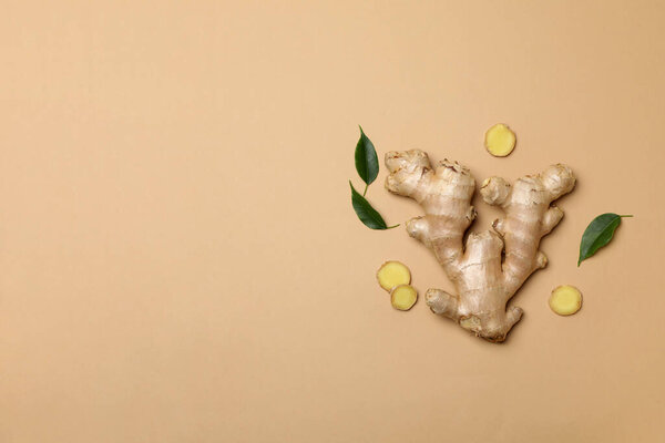 Fresh ginger root with leaves on a light background