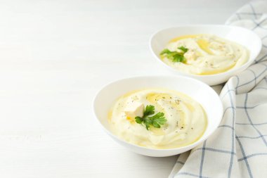 Patates püresi, lezzetli ve lezzetli yemek kavramı.