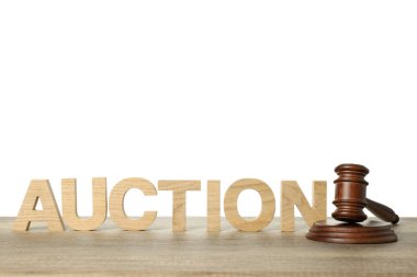 PNG, Word Auction ve tahta tokmak beyaz arka planda izole.