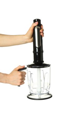 PNG, elinde matarası olan siyah blender, beyaz arka planda izole edilmiş.