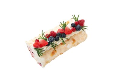 Kremalı pasta, lezzetli ve lezzetli yemek kavramı, beyaz arka planda izole edilmiş.