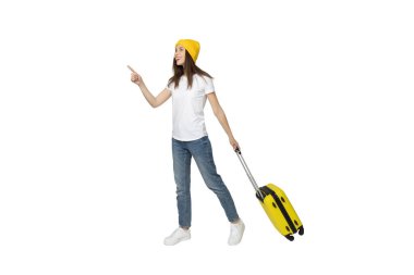 Bavullu PNG kızı beyaz arka planda izole edildi.