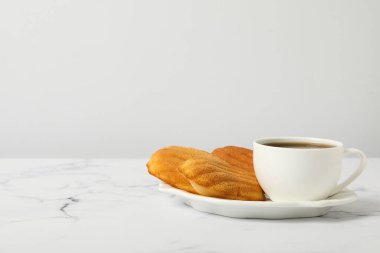 Madeleine kekleri ve arka planda bir fincan kahve, metin için yer