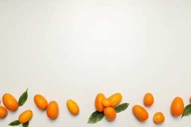 Kumkuat ve yapraklar beyaz arkaplanda, metin için boşluk