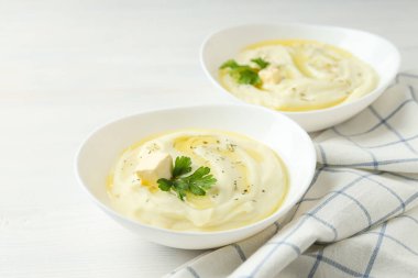 Patates püresi, lezzetli ve lezzetli yemek kavramı.